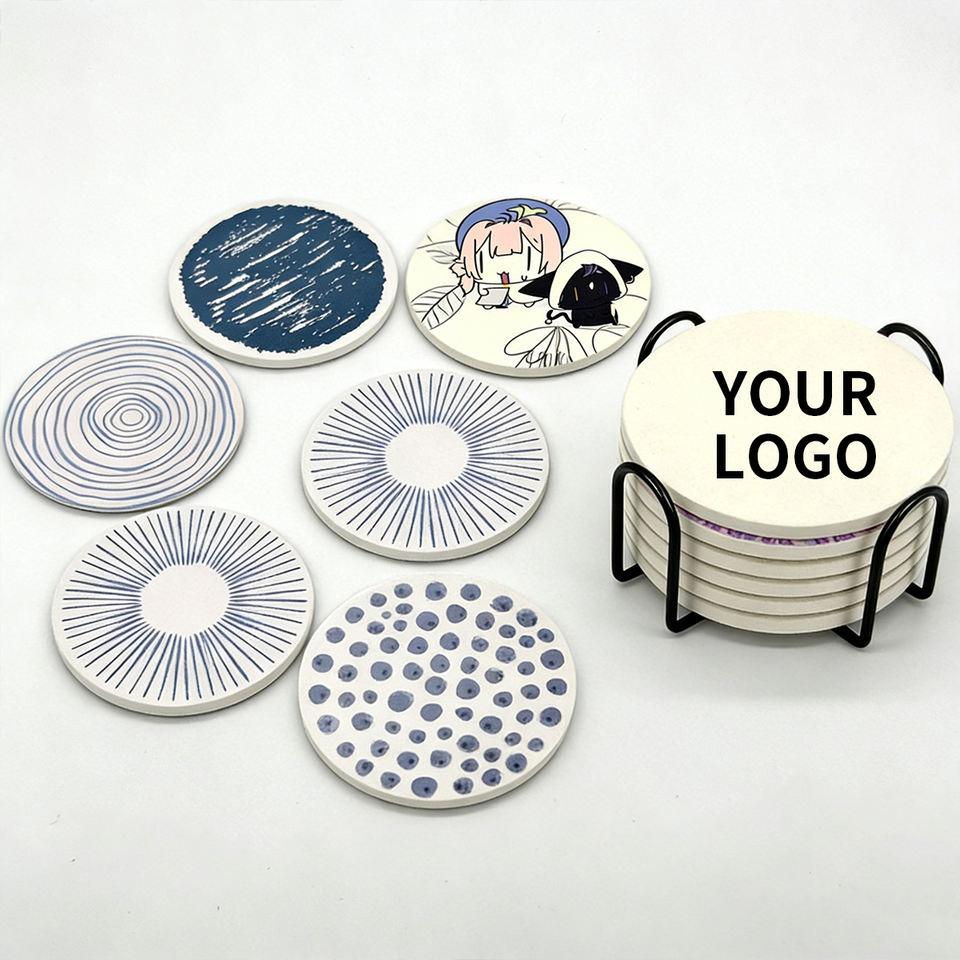 Factory Custom logo printing  Ceramic Cork Absorbent Cup Mat Set Personalized Cheap bar Beer Coasters for Drink Coffee