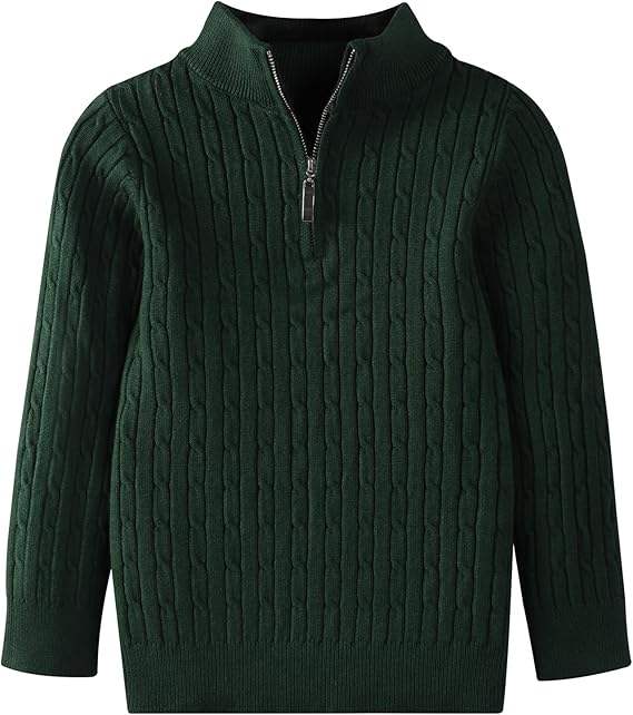 Little Boys & Girls Quarter Zip Chunky Cable Knit Round Neck Thick Needle Knit Pullover Sweater