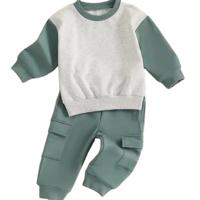 Toddler Baby Spring Outfits 100% Organic Cotton Unisex Contrast Color Long Sleeve Sweatshirt Pullover Cargo Pants 2-Piece Set