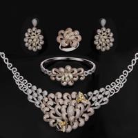 Luxury Women Wedding Full Diamond Micro Inlaid Three Color Bee Flower Necklace Bangle Ring Earring Jewelry Four Sets