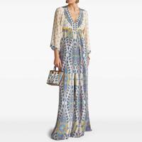 New Fashion Factory Custom Elegant Vintage Custom Pattern Discharge Printing V-neck Long Wide Sleeves Maxi Dress