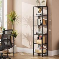 Modern Industrial 6-Tier Tall Narrow Black Wood Bookshelf Freestanding Heavy Duty Living Room Furniture Open Display Rack