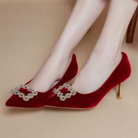 Ann'S Women Bridal Glitter Rhinestone Buckle Slip-On High Heel Pumps 7cm Thin Heel Pointed Toe Formal Red Shoes