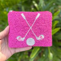 Handmade Pink Beaded Coin Purse with Crossed Golf Clubs & Ball Design | Small Zipper Pouch for Women, Girls, Gifts & Travel